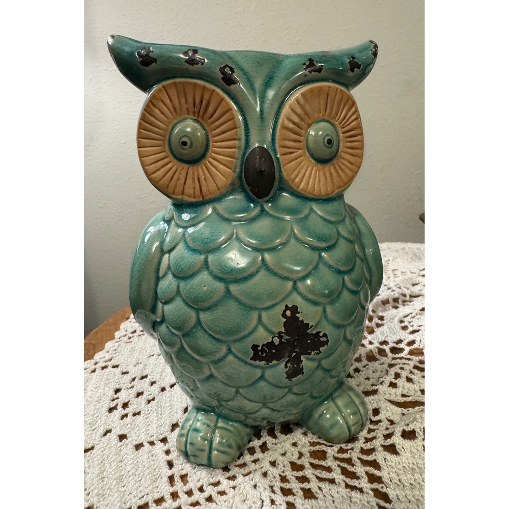 Burton + Burton Turquoise Blue Owl Ceramic Vase Planter Crackle Glaze Distressed